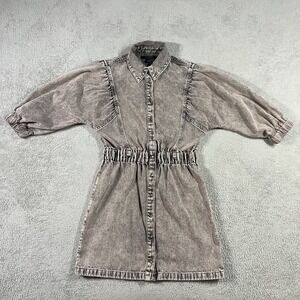 Allsaints Shirt Mini Dress Womens 0 Osa Puff Sleeve Denim Pearl Snap Acid Wash